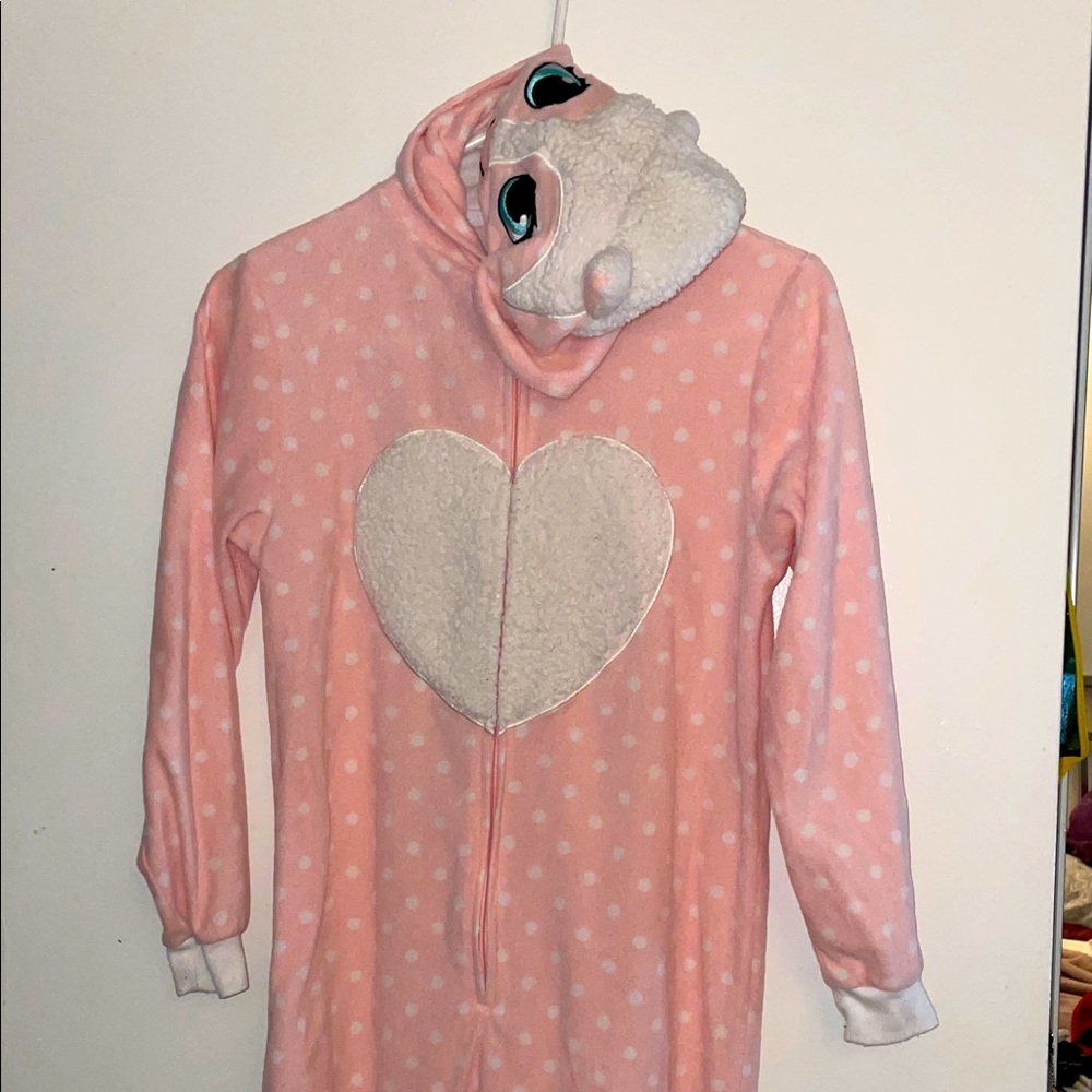 Pink Polka Dot Kids zip PJs with Heart and Sheep hood size large